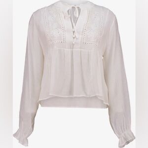 ZARA White Flowy Eyelet Lightweight Long Sleeve V-Neck Boho Blouse - Size XS
